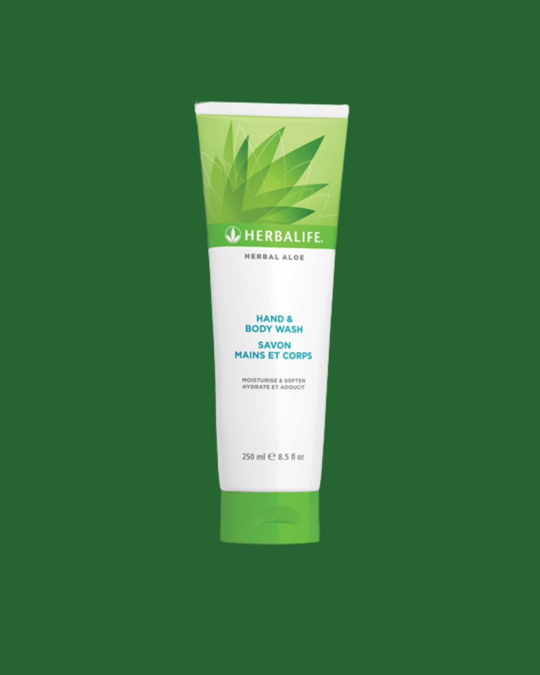 Bilde av en tube Herbalife Herbal Aloe Hand & Body Wash. Tuben har tekst på engelsk og det står Moisture & soften. 250 ml. Grønn bakgrunn.