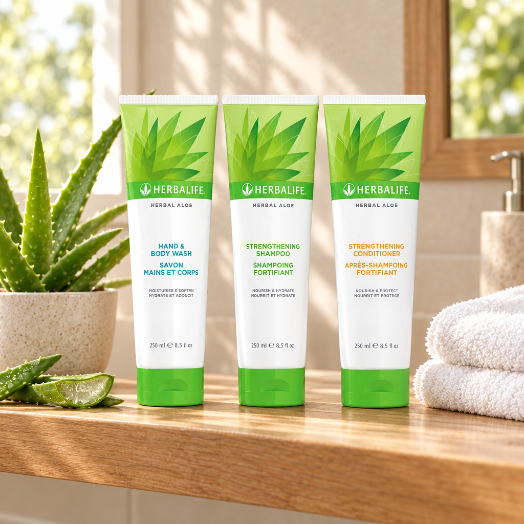 Herbal Aloe dusjpakke på baderomshylle med aloeplante