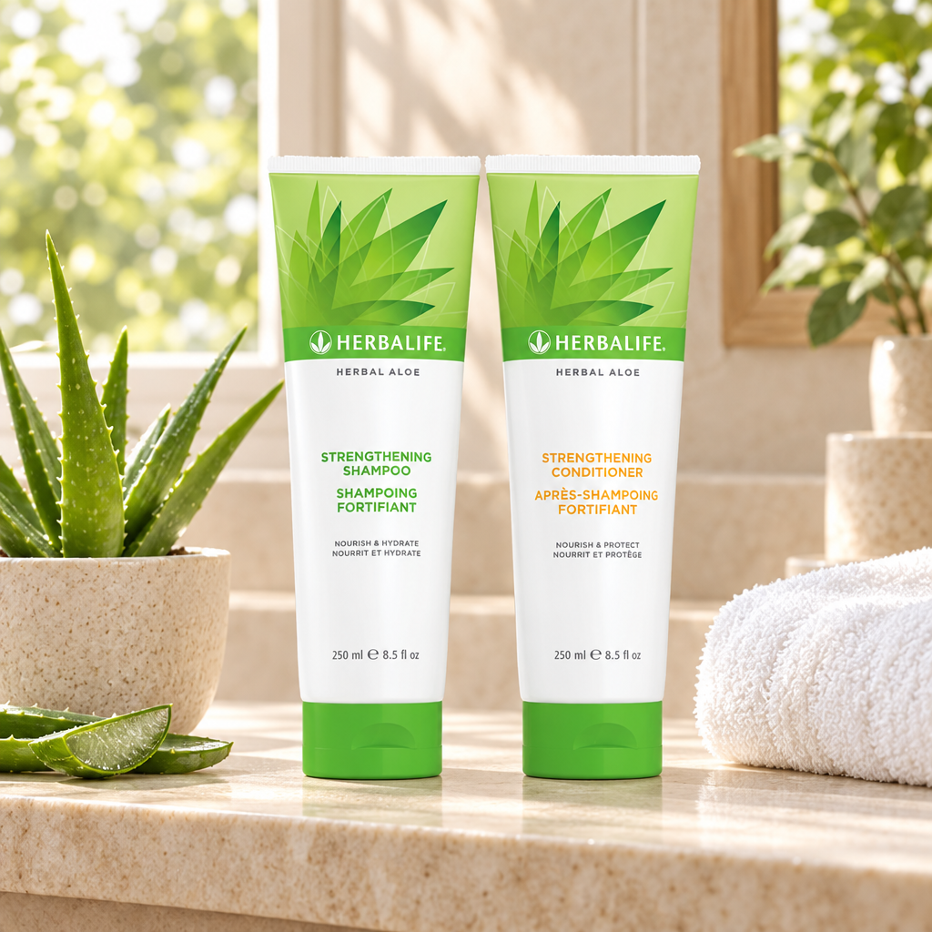 Herbalife shampoo og balsam med aloeplante på baderomshylle