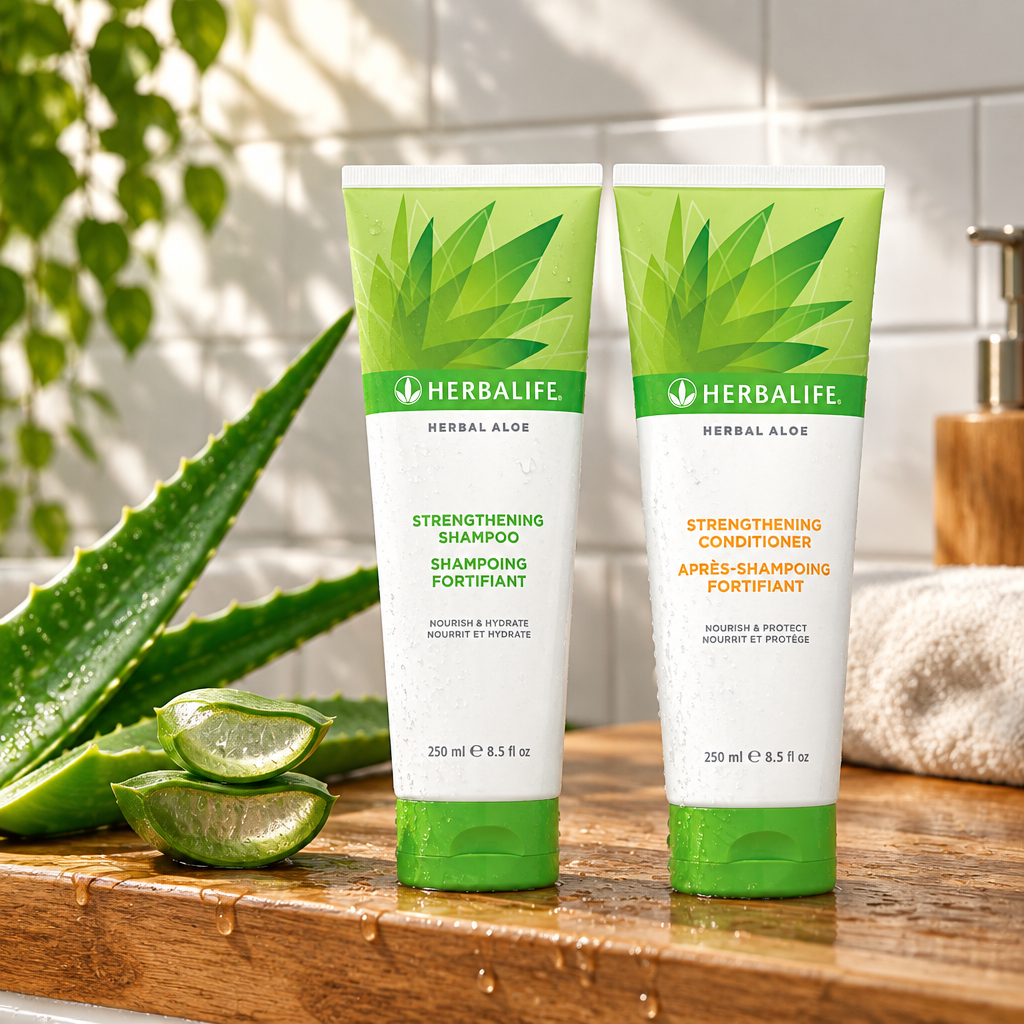 Herbalife shampoo og balsam på trehylle med aloe