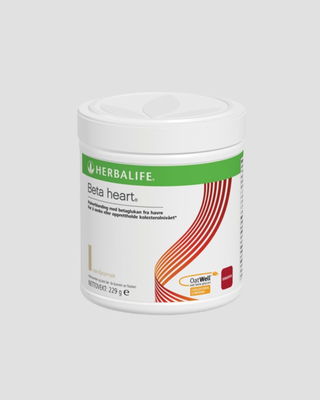 En boks Herbalife Beta heart kosttilskudd fra havre med grå bakgrunn.