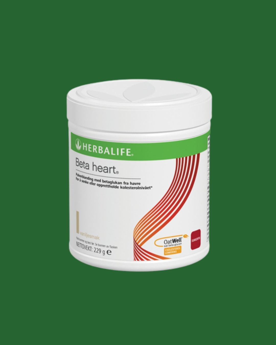En boks Herbalife Beta heart kosttilskudd fra havre med grønn bakgrunn.