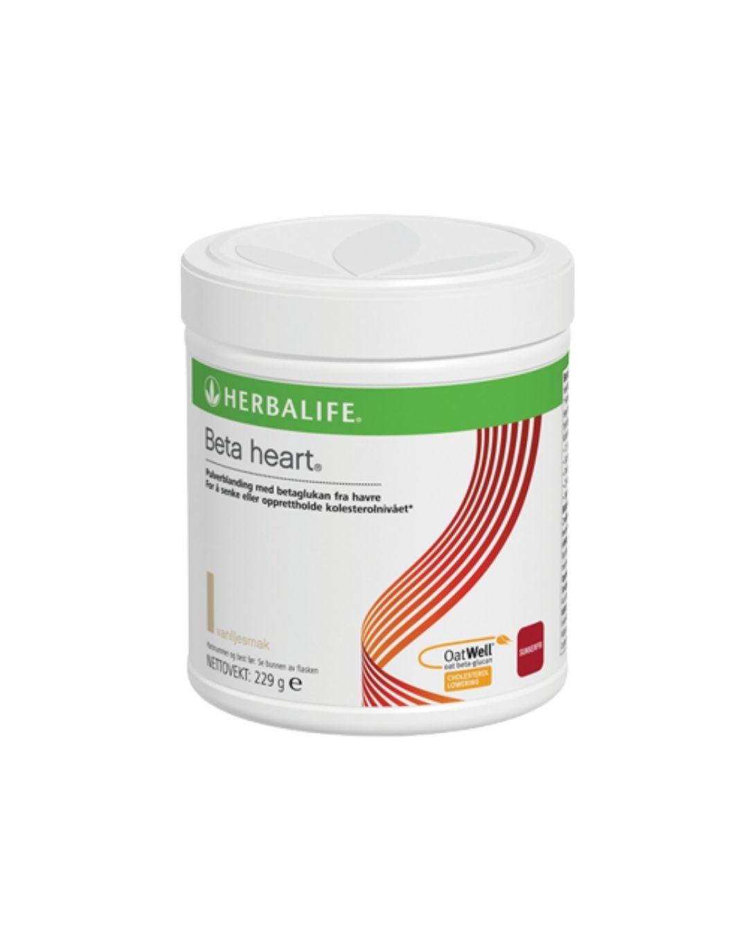 En boks Herbalife Beta heart kosttilskudd fra havre med hvit bakgrunn.