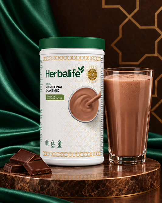 Produkt og sjokoladeshake i mørkt stilleben