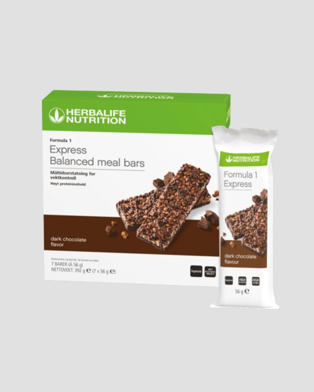 En eske Herbalife Express måltidsbar og en løs bar i papir på grå bakgrunn.