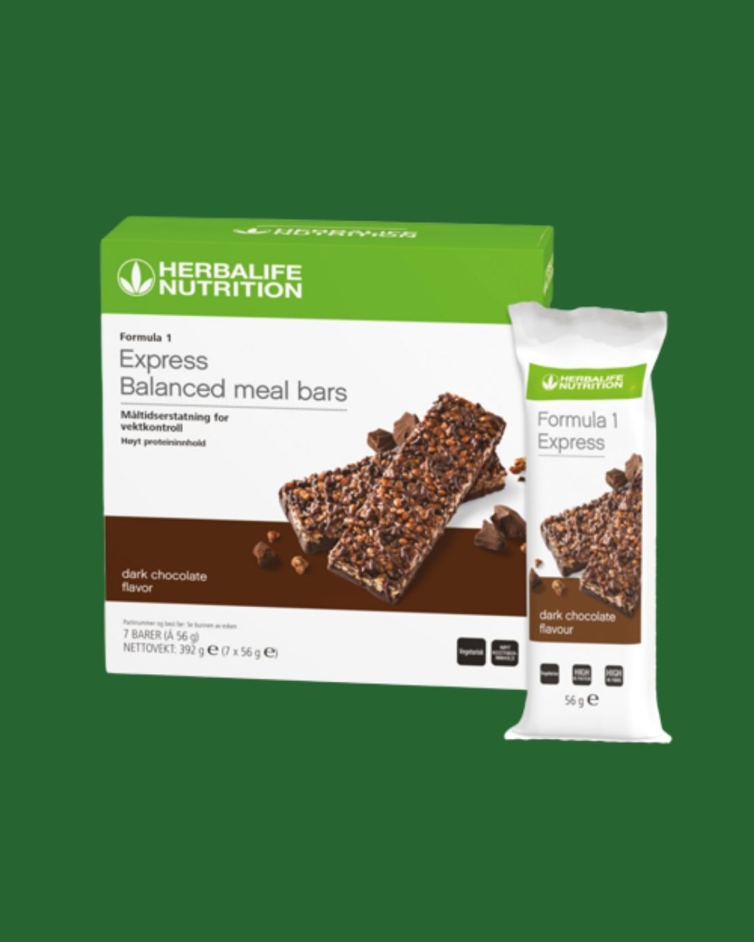 En eske Herbalife Express måltidsbar og en løs bar i papir på grønn bakgrunn.