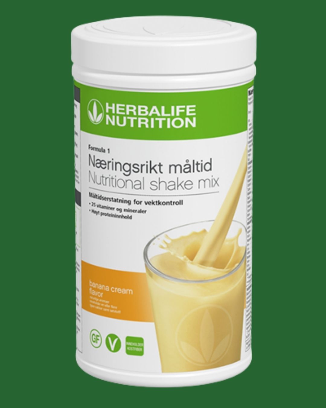 En boks Herbalife Formula 1 shakemix med banana cream-smak på grønn bakgrunn.