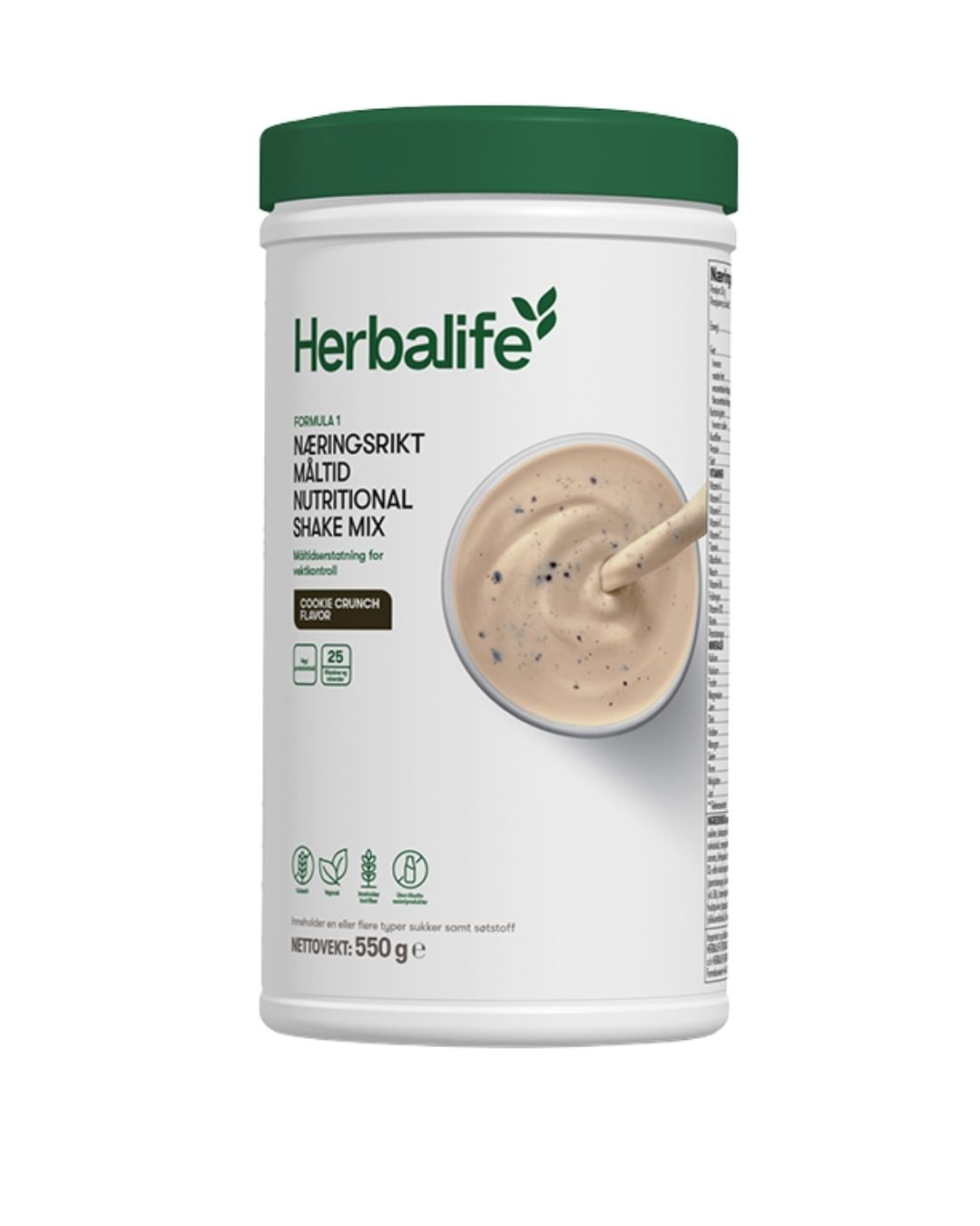 Herbalife F1 shake med Cookie Crunch smak på hvitbakgrunn.  Næringsriktig måltid og måltidserstatter.