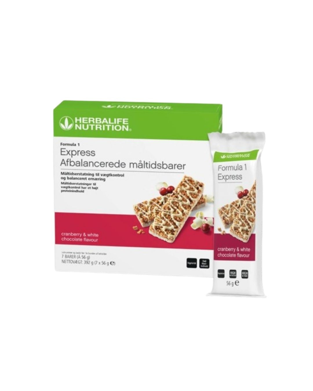 En pakke Herbalife Formula 1 Expressbar Tranebær og hvit sjokolade og en måltidsbar på hvit bakgrunn.
