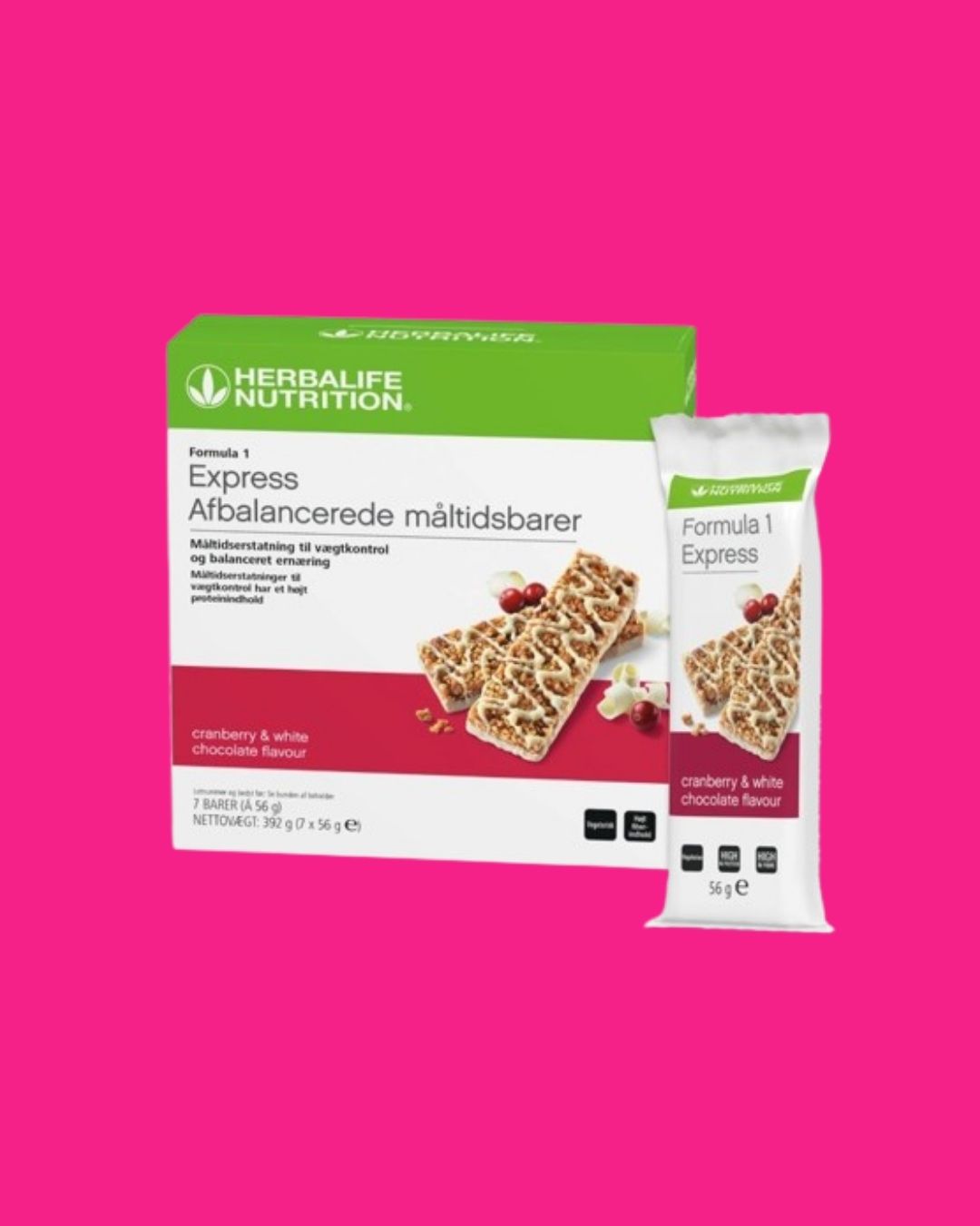 En pakke Herbalife Formula 1 Expressbar Tranebær og hvit sjokolade og en måltidsbar på rosa bakgrunn.