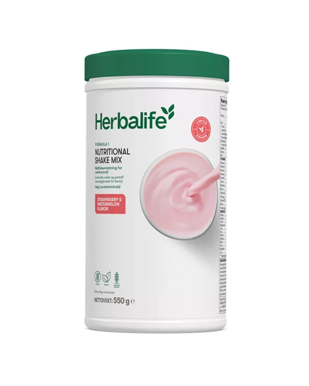 En boks Herbalife shakemix med Jordbær og vannmelon-smak på hvit bakgrunn.