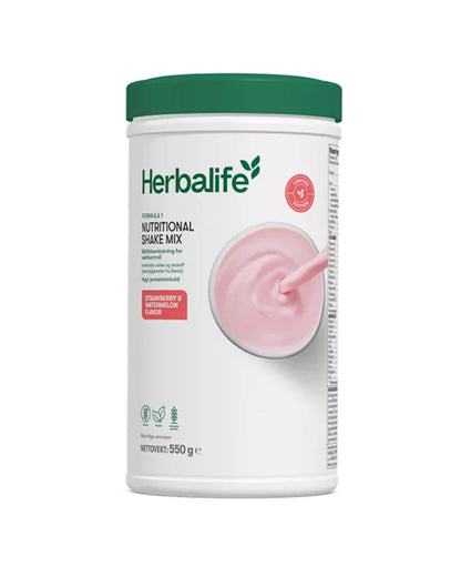 En boks Herbalife shakemix med Jordbær og vannmelon-smak på hvit bakgrunn.