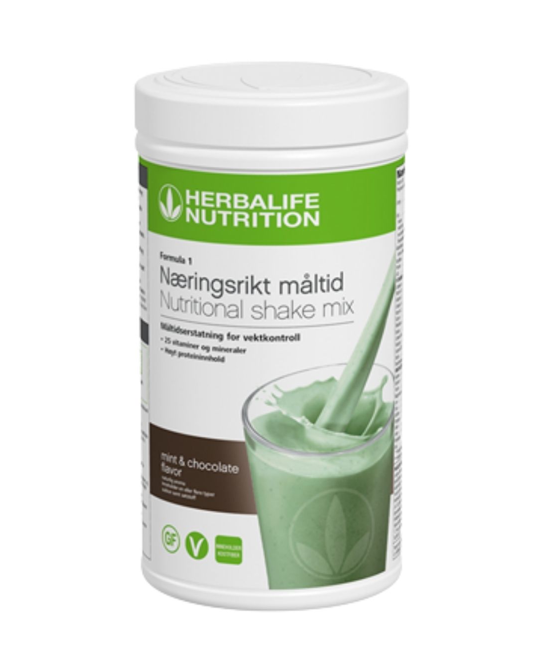 En boks Herbalife Næringsrikt måltid shake mix mintsjokolade-smak, hvit bakgrunn.