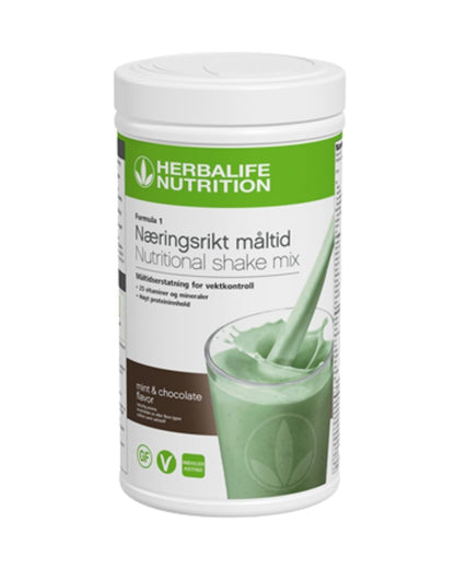 En boks Herbalife Næringsrikt måltid shake mix mintsjokolade-smak, hvit bakgrunn.