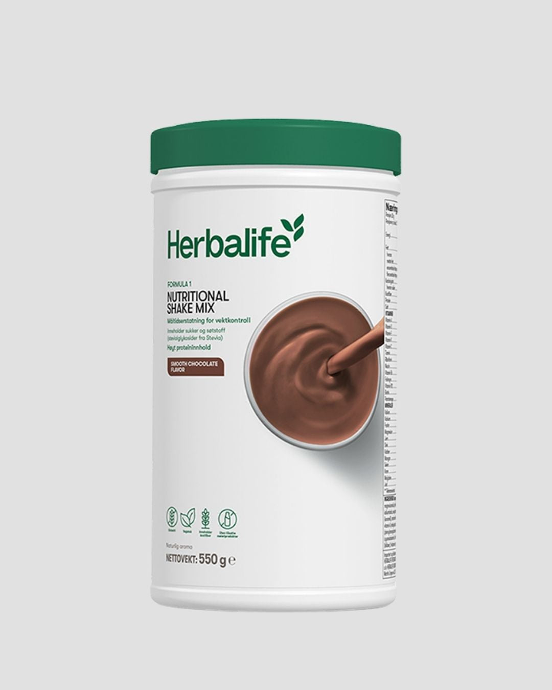 En boks Herbalife shakemix sjokolade på grå bakgrunn.