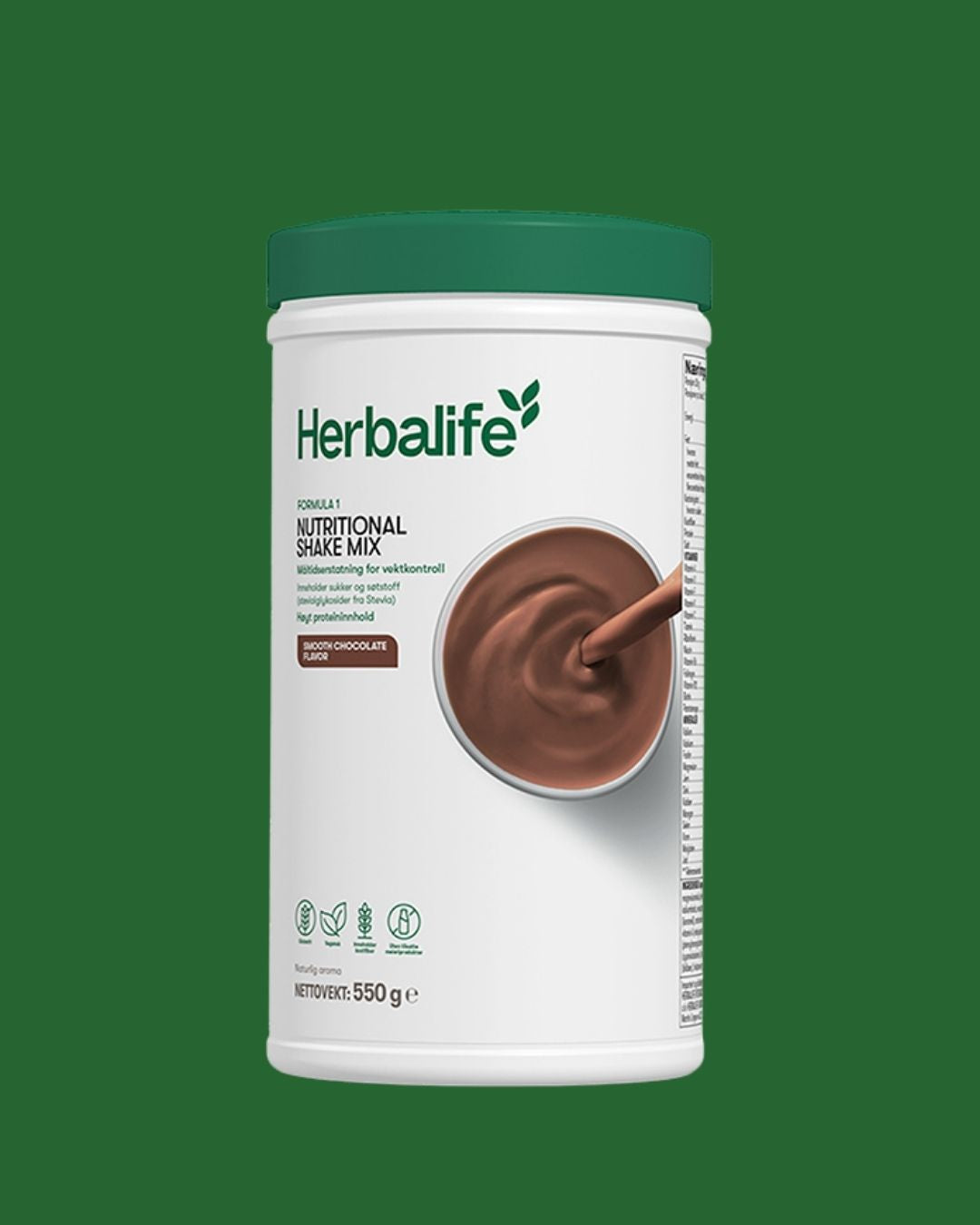 En boks Herbalife shakemix sjokolade på grønn bakgrunn.