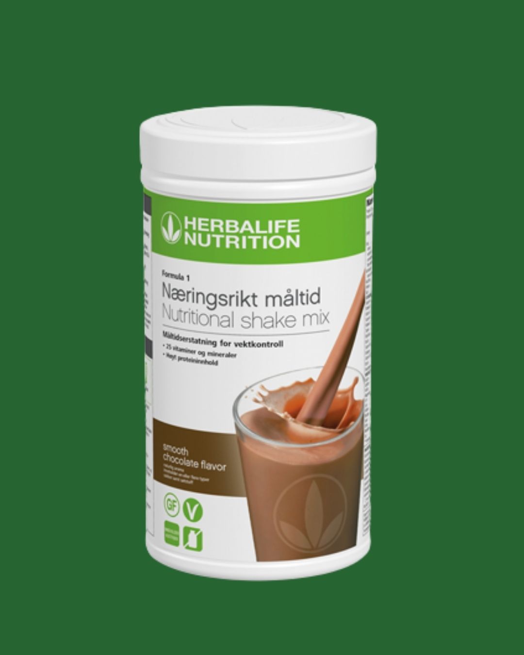 En boks Herbalife shakemix sjokolade på grønn bakgrunn.