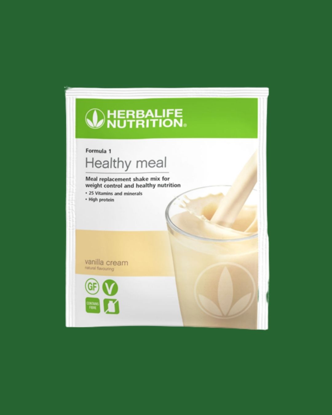 Herbalife Formula 1 vaniljeshake i porsjonspose mot grønn bakgrunn