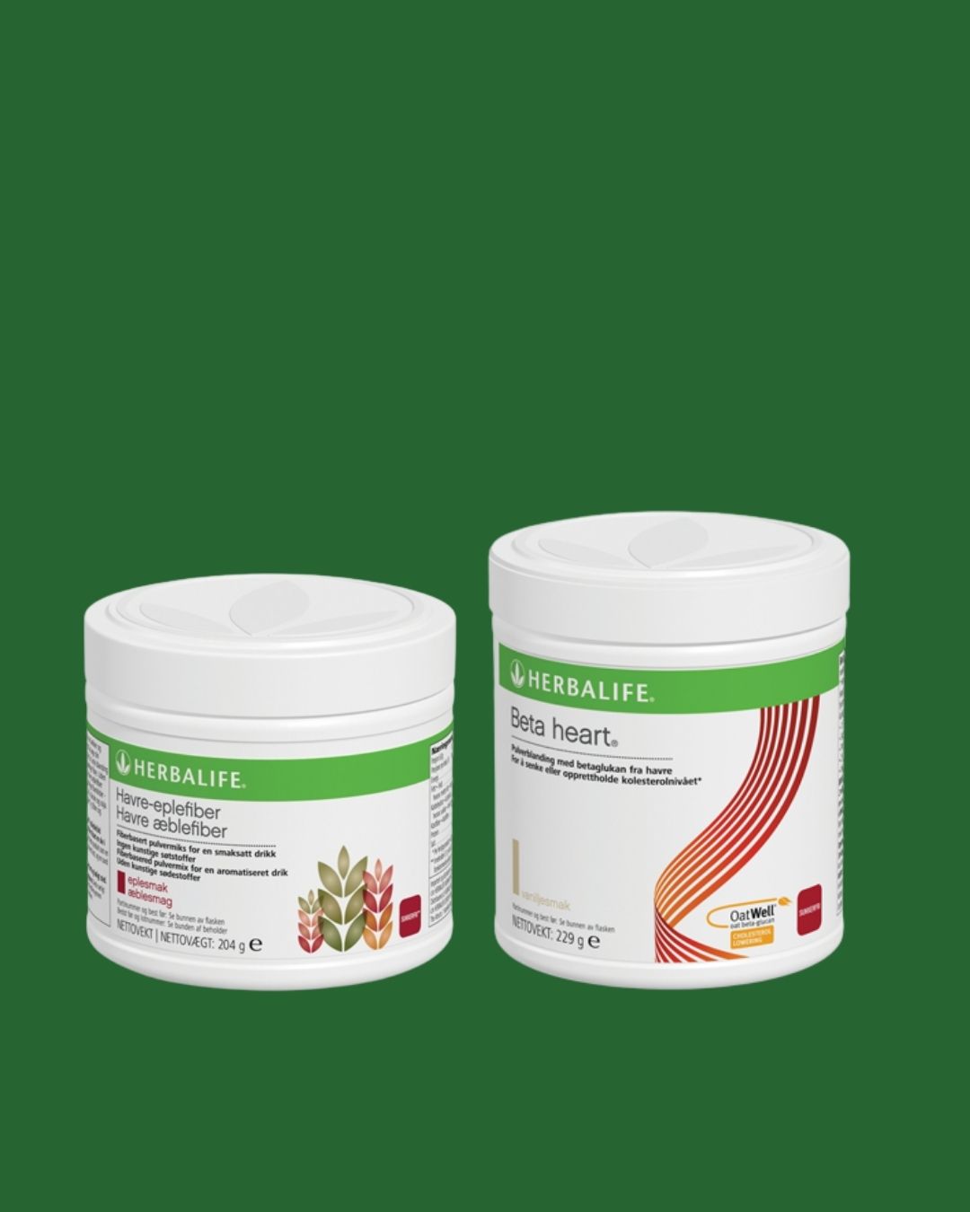 En boks Herbalife Nutrition Havre-eplefiberdrikk kosttilskudd med fiber og eplesmak og en boks Herbalife Beta heart kosttilskudd fra havre. 