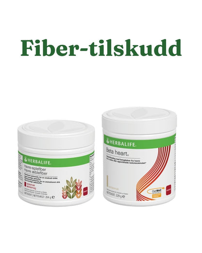 En boks Herbalife Nutrition Havre-eplefiberdrikk kosttilskudd med fiber og eplesmak og en boks Herbalife Beta heart kosttilskudd fra havre. Tekst på bildet: "Fiber-tilskudd".