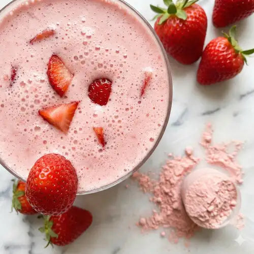 Rosa Herbalife Formel 1 jordbærshake sett ovenfra, pyntet med jordbær, shakepulver på benken ved siden av