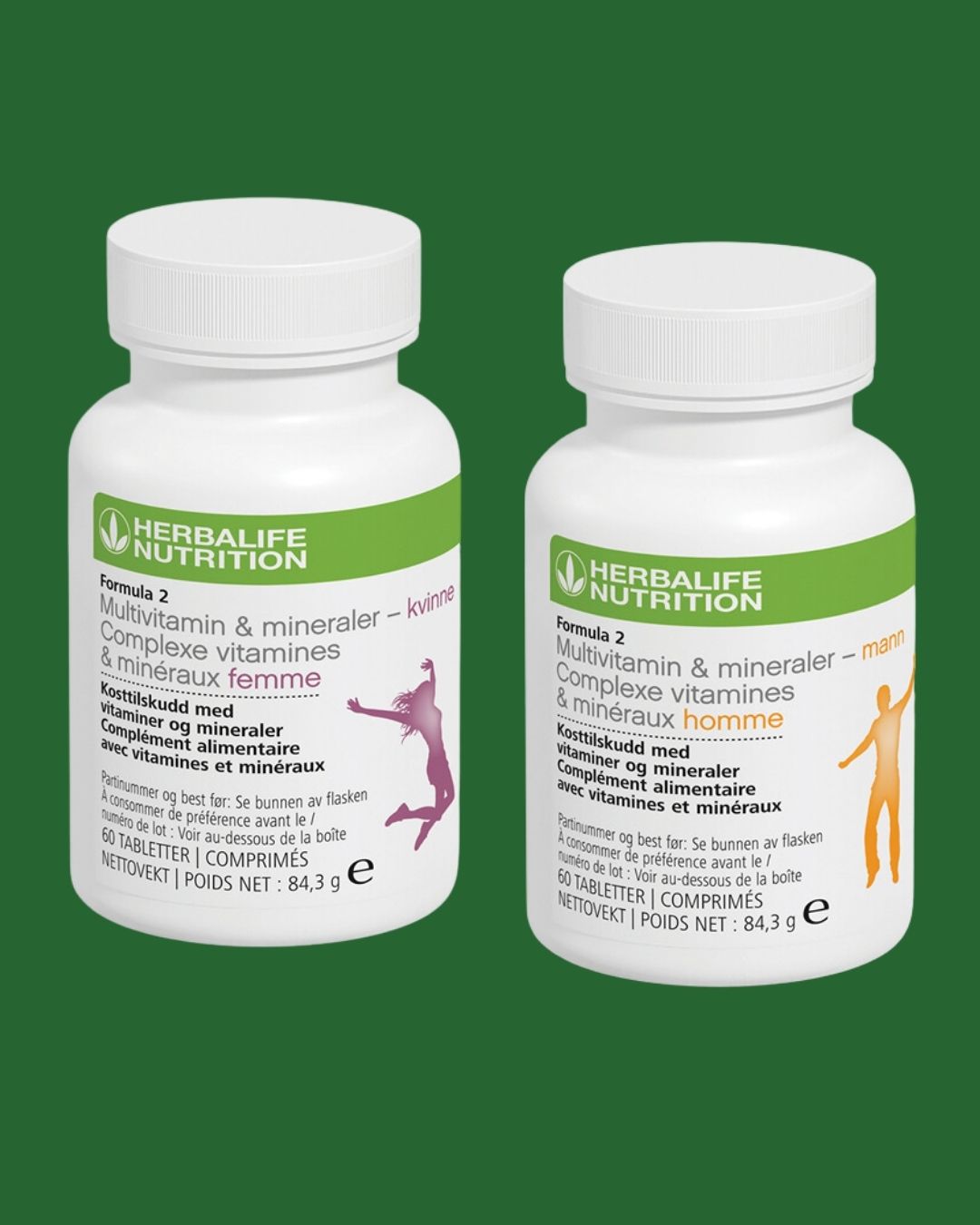 Multivitamin-bokser på grønn bakgrunn. En vitaminboks for kvinne og en for mann. Boksene har påskriften Herbalife Formula 2 Kosttilskudd med vitaminer og mineraler - kvinne og - mann. 