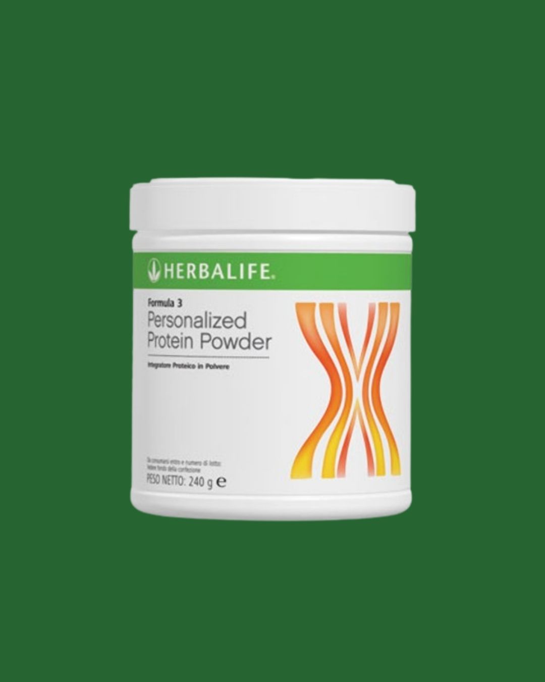 En boks Herbalife Formula 3 Personlig proteinpulver på grønn bakgrunn.