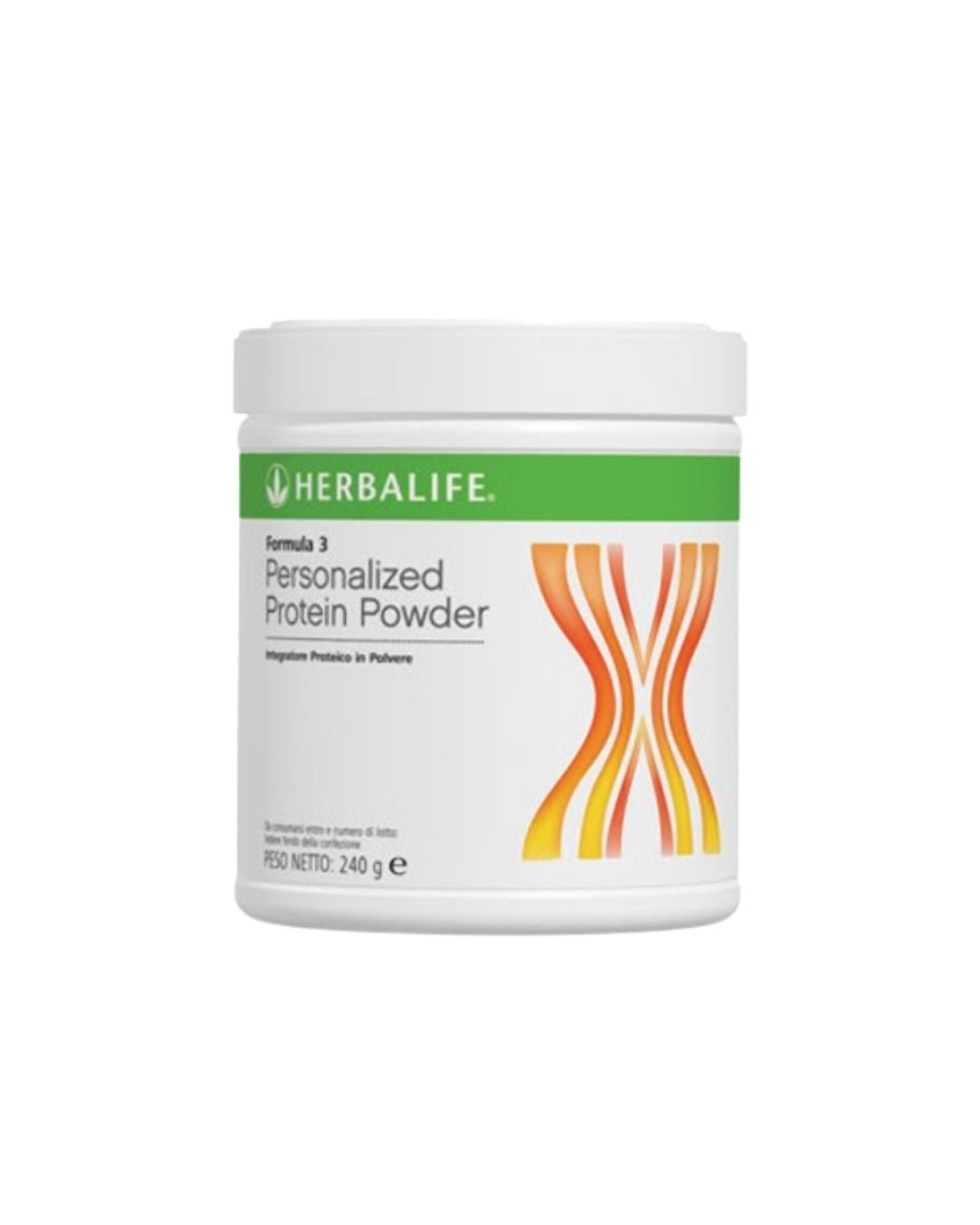En boks Herbalife Formula 3 Personlig proteinpulver på hvit bakgrunn.