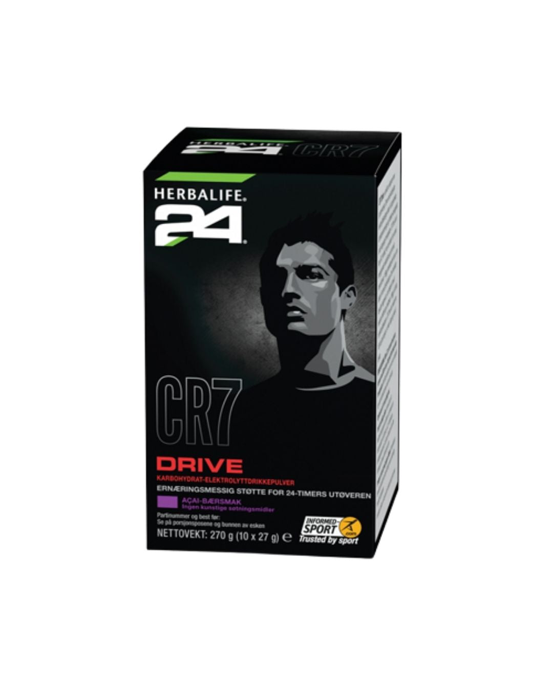 En boks Herbalife CR7 sportsdrikk i porsjonsposer på hvit bakgrunn.