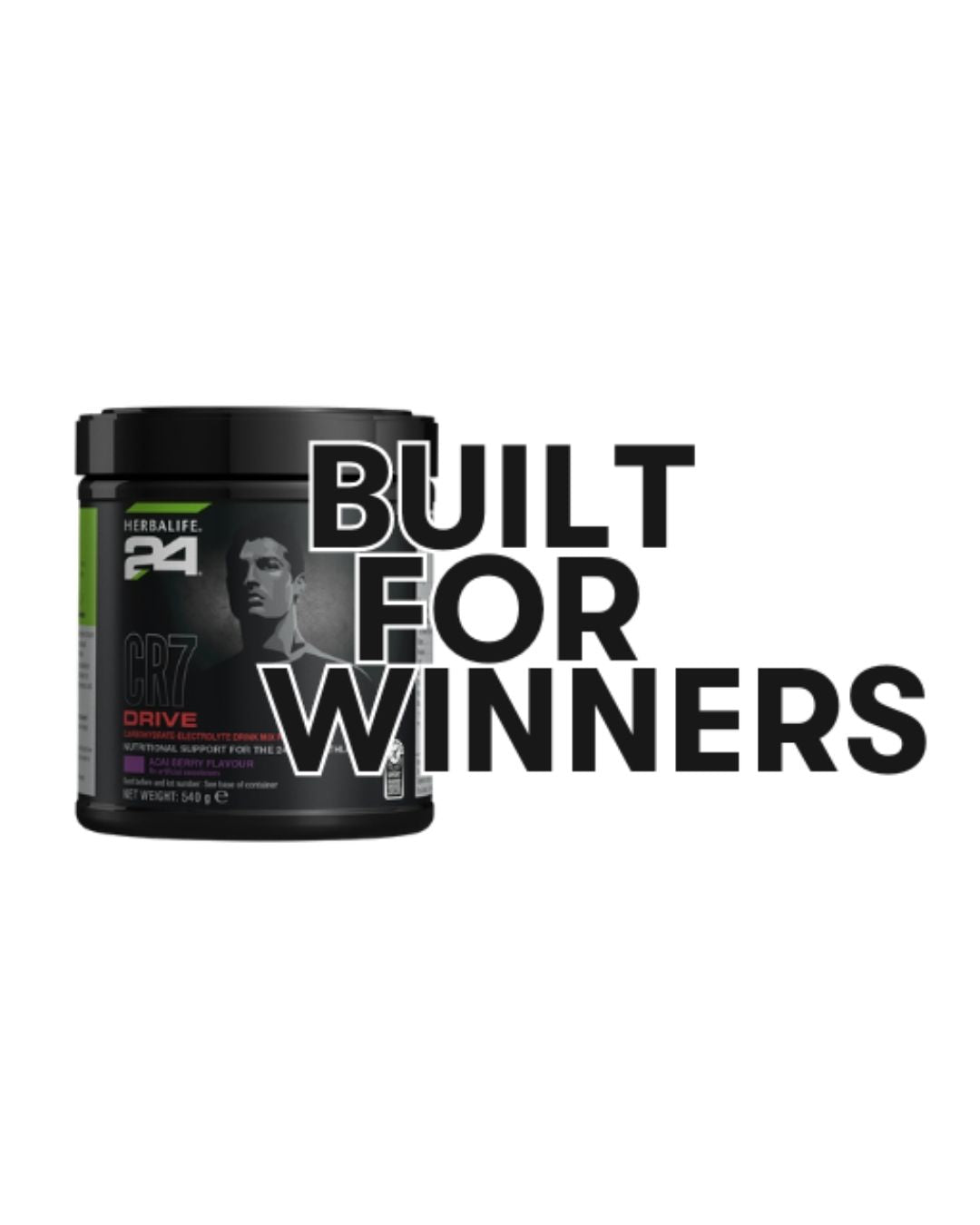 En boks Herbalife H24 CR7 Drive og teksten “Built for winners”.