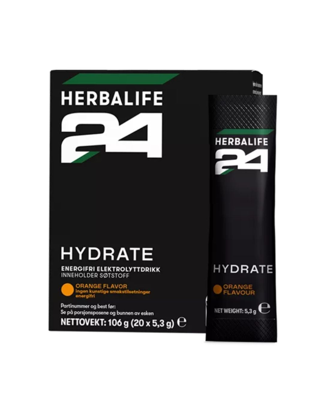 En eske Herbalife H24 Hydrate elektrolyttdrikk og en porsjonspose, på hvit bakgrunn.