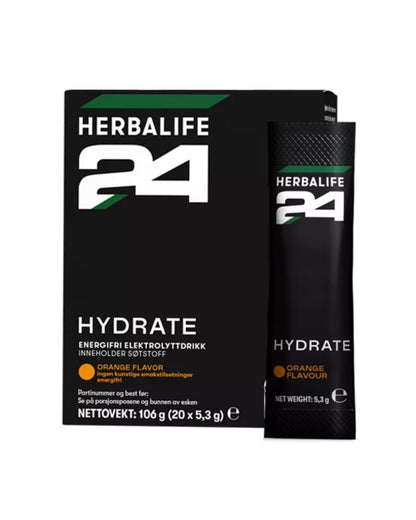 En eske Herbalife H24 Hydrate elektrolyttdrikk og en porsjonspose, på hvit bakgrunn.