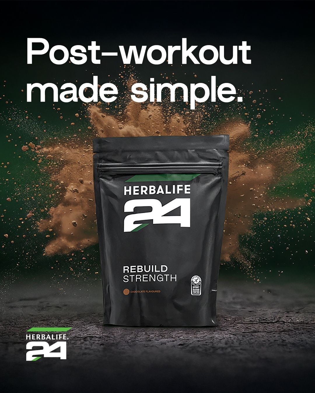 Herbalife H24-poster med Rebuild Strength og teksten Post-workout made simple.
