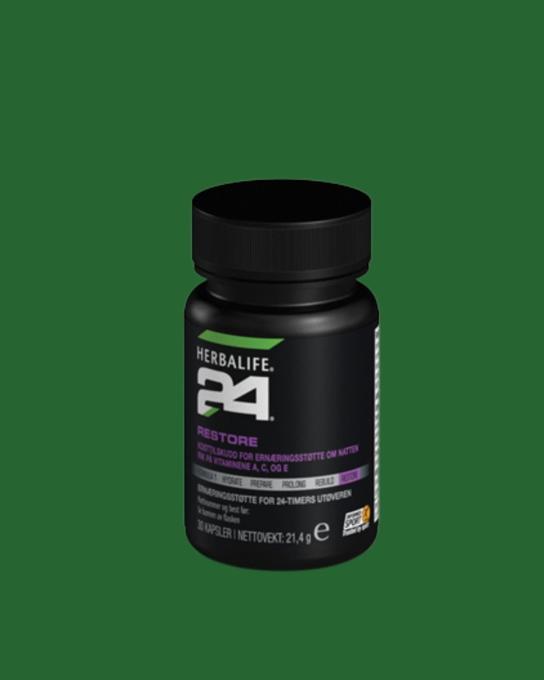 En boks Herbalife H24 Restore kosttilskudd på grønn bakgrunn.