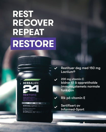 En boks Herbalife Restore kosttilskudd og tekst som forteller om fordelene. 