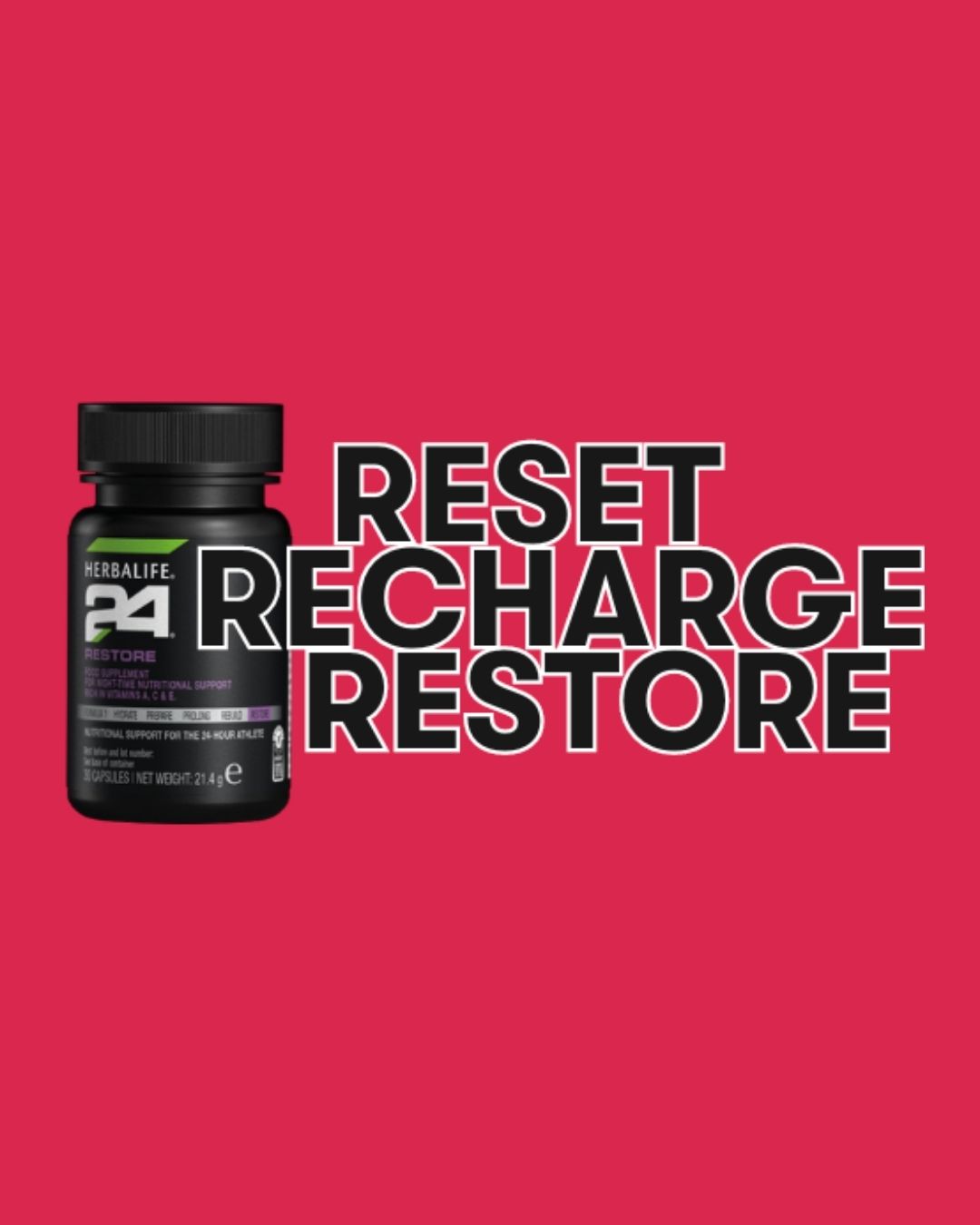 En boks Herbalife H24 Restore kosttilskudd og teksten “Reset, Recharge, Restore”. Rød bakgrunn. 