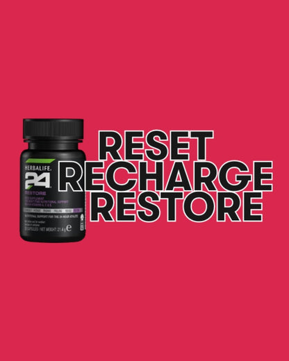 En boks Herbalife H24 Restore kosttilskudd og teksten “Reset, Recharge, Restore”. Rød bakgrunn. 