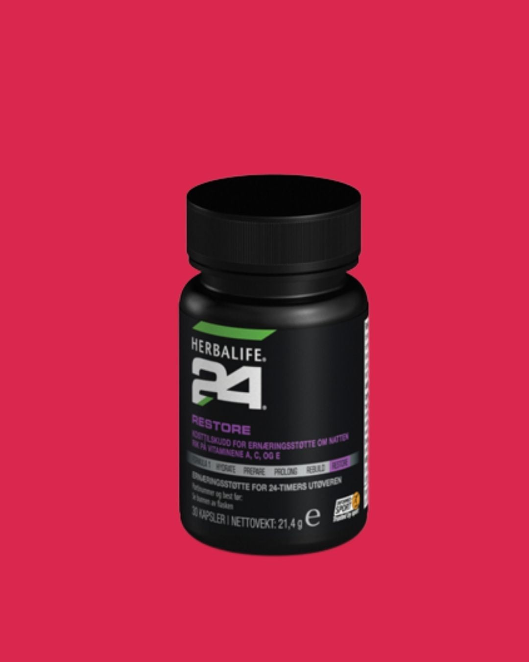 En boks Herbalife H24 Restore kosttilskudd på rød bakgrunn.