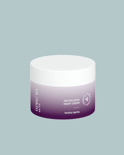 En krukke Herbalife HL/Skin Revitalising Night Cream på grønnblå bakgrunn.