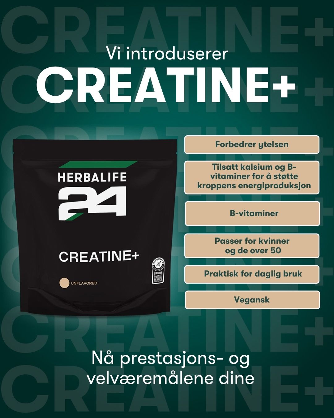 Kampanjebilde som introduserer Herbalife24 Creatine+. En pose kreatin monohydrat presenteres med moderne, sporty grafikk sammen med fordelene med å bruke creatin. 