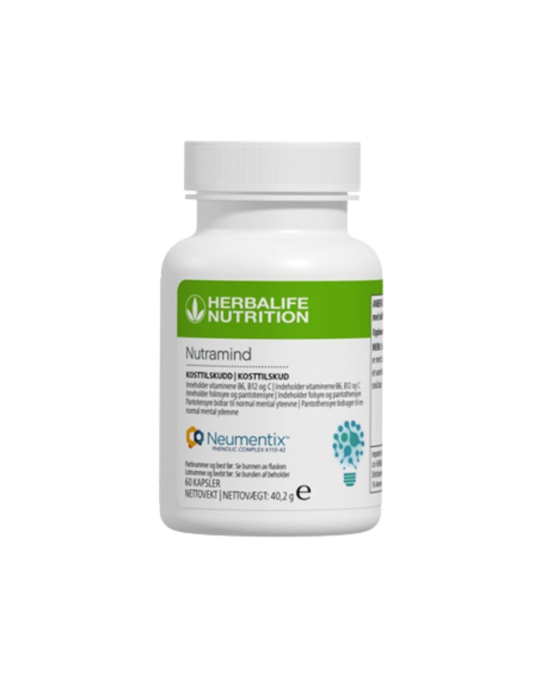 En boks Herbalife Nutramind kosttilskudd på hvit bakgrunn.