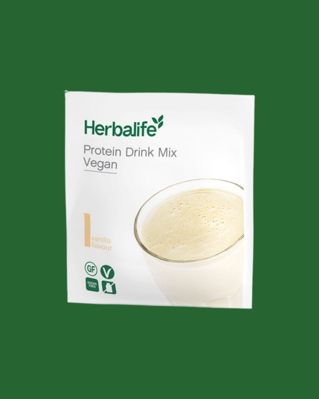 En porsjonspose Herbalife PDM protein mix vegan mot grønn bakgrunn.