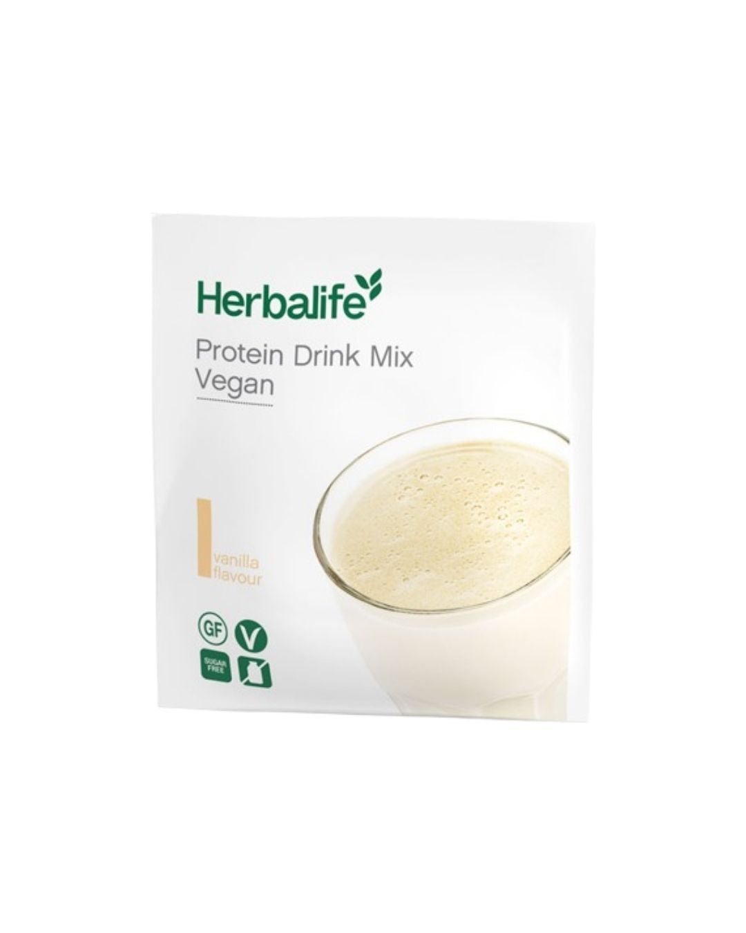 En porsjonspose Herbalife PDM protein mix vegan mot hvit bakgrunn.