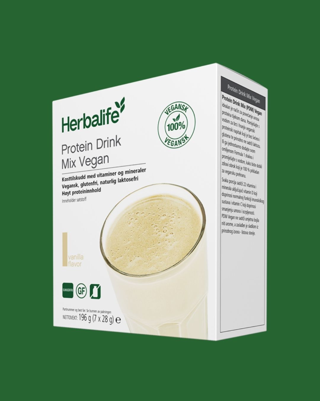 En eske Herbalife PDM protein mix vegan i porsjonsposer mot grønn bakgrunn.