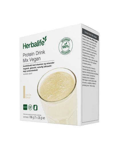 En eske Herbalife PDM protein mix vegan i porsjonsposer mot hvit bakgrunn.