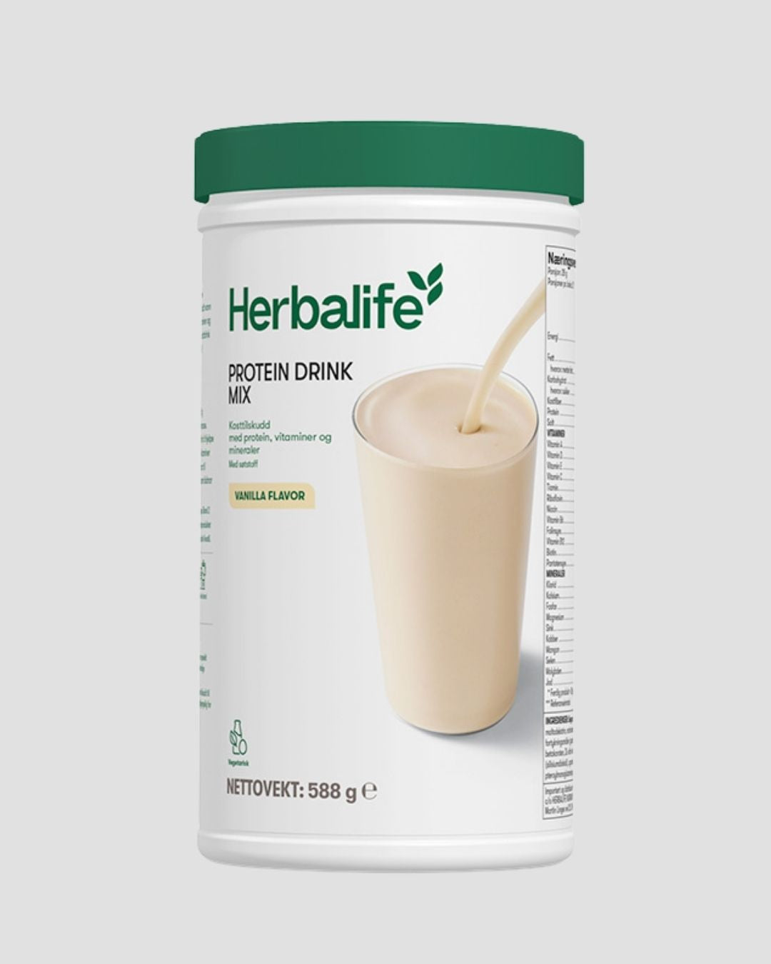 En boks Herbalife Proteindrinkmiks PDM på grå bakgrunn.