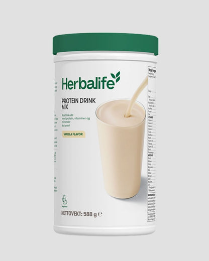 En boks Herbalife Proteindrinkmiks PDM på grå bakgrunn.