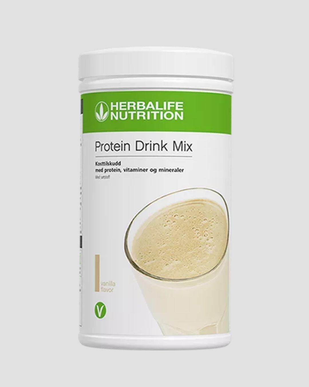 En boks Herbalife Proteindrinkmiks PDM på grå bakgrunn.