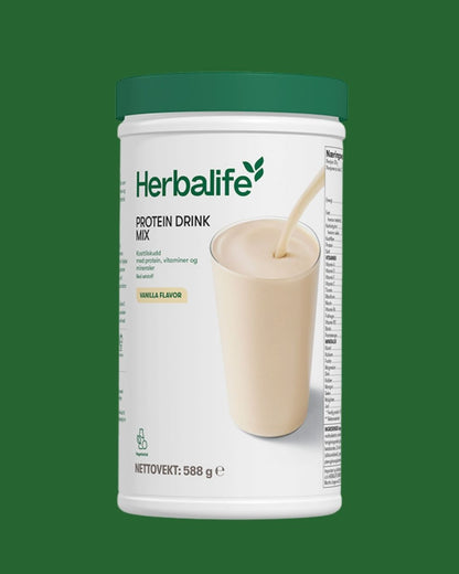 En boks Herbalife Proteindrinkmiks PDM på grønn bakgrunn.