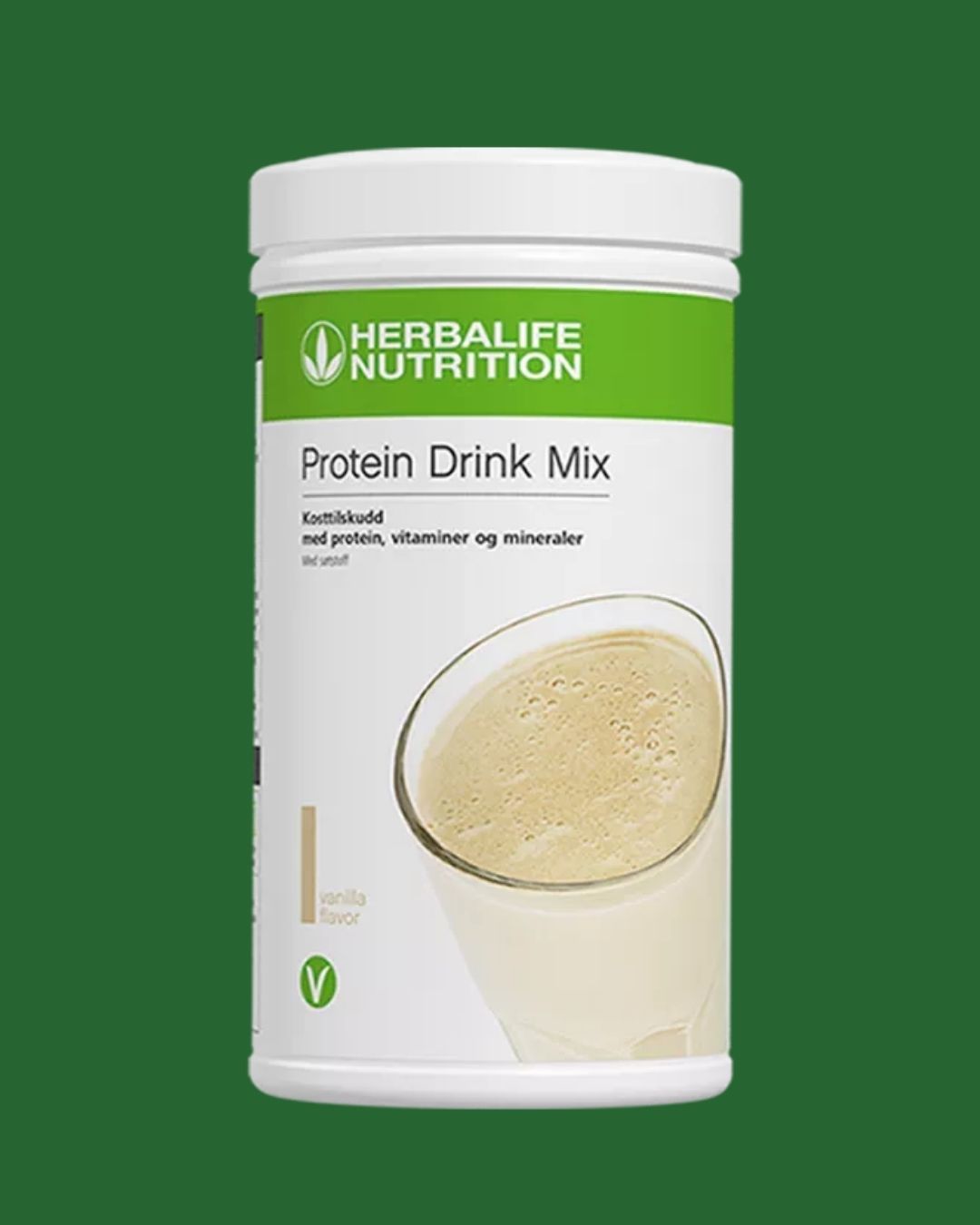 En boks Herbalife Proteindrinkmiks PDM på grønn bakgrunn.